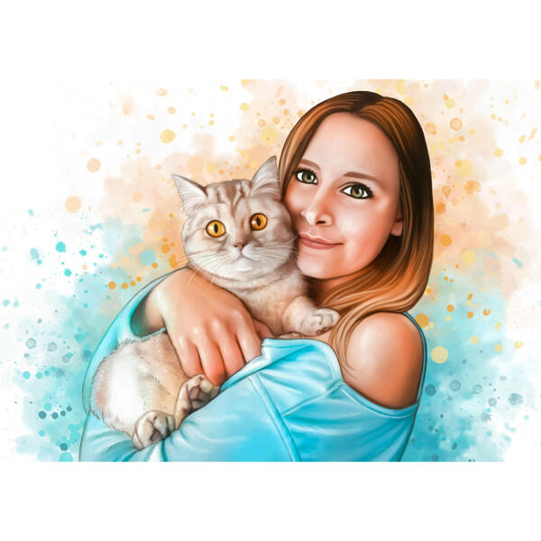 Sahibi ile Kedi Suluboya Portresi