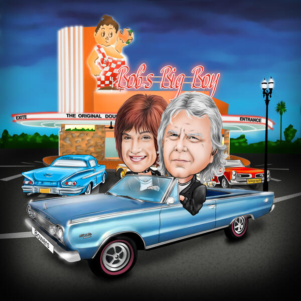 Caricatura de pareja en vehículo