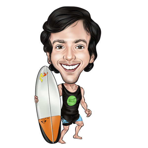 Karikatura celého těla surfaře se surfem