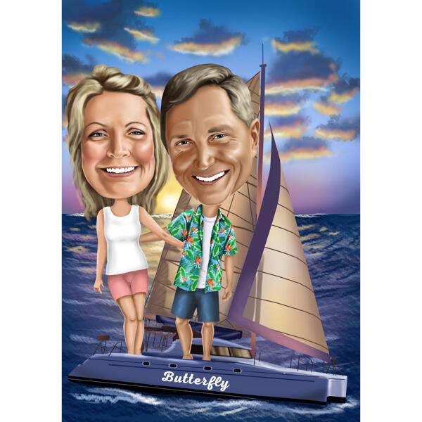 Paar op zeilboot, karikatuur gebaseerd op foto's