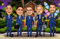 Caricatura de padrinos de boda con aficiones personales