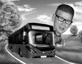 Autobus-Fahrerkarikatur im Schwarz-Weiß-Stil aus Fotos