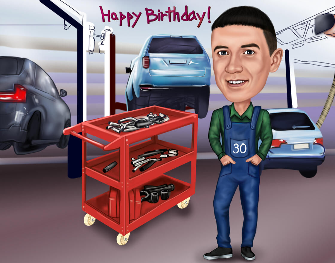 Full Body Auto Mechanic Cartoon Portrait in Colored Style from Photo