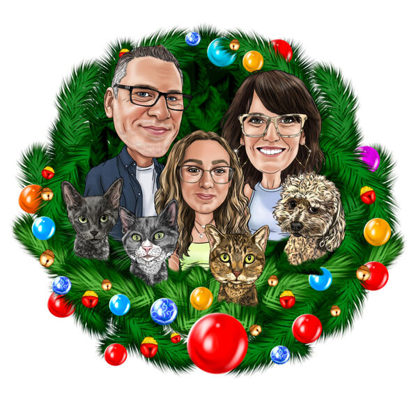 Caricatura di Natale in famiglia con animali domestici in ghirlanda natalizia