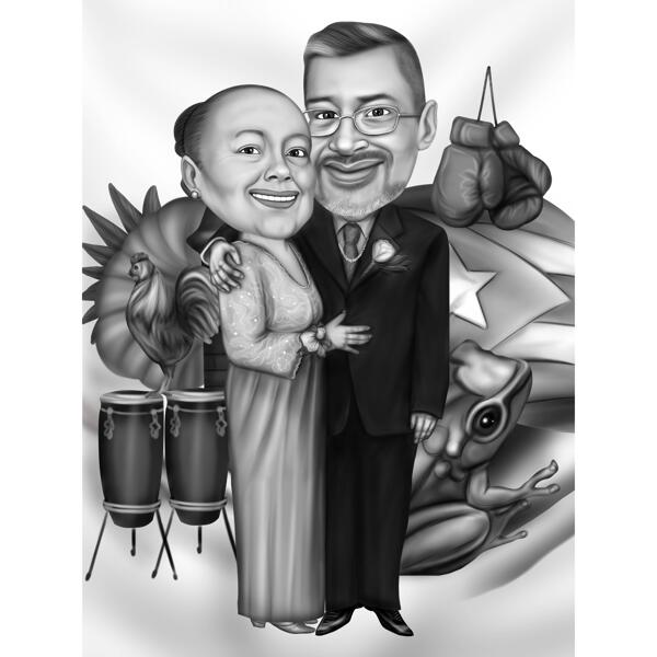 Caricatura de casal exagerada de corpo inteiro em estilo preto e branco com fundo personalizado