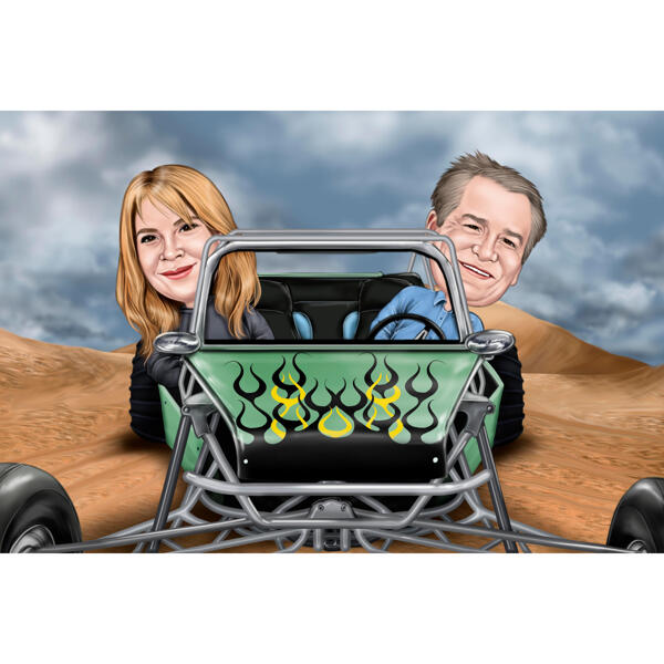 Pár v karikatuře vozidel v barevném stylu s pouštním pozadím