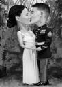 Caricature de couple s'embrassant en noir et blanc avec fond personnalisé à partir de photos