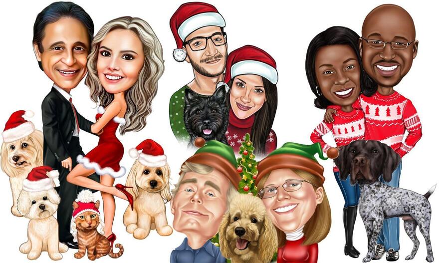 Christmas Couple with Pets Caricature