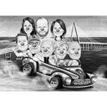 Draugu grupas karikatūra automašīnā