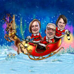 Ouders met kind in kerstcarikatuur in de slee van de Kerstman