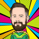 Tegneserietegning af superhelt i pop art-stil