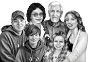 Familiemindesportræt Håndtegnet i sort / hvid stil fra fotos