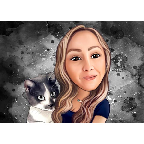 Person and Cat Cartoon Caricature in Color Style with Grey Background