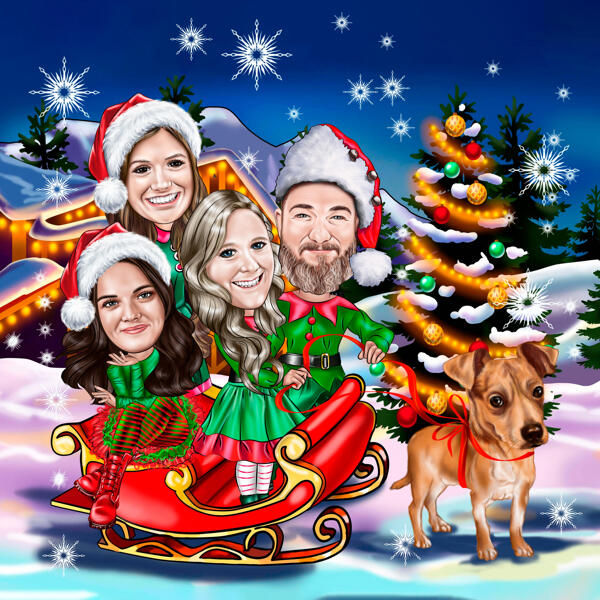 Christmas Card - Family in Santa's Sleigh with Pets