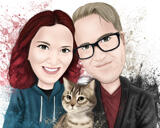 Portrait à l'aquarelle d'un couple avec des animaux de compagnie