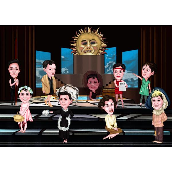 Caricatura grupal personalizada del personal de actores detrás del escenario de fotos