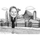 Caricatura della persona della fattoria in stile bianco e nero da foto