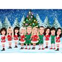 Team Caricature Playing Hockey with Christmas Tree Background