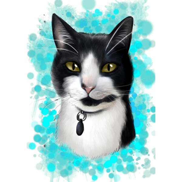 Dibujo animado de gato en acuarela con fondo turquesa