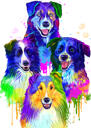 Retrato da caricatura do grupo Border Collie em estilo aquarela arco-íris de fotos