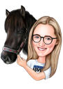 Dítě s koněm v legrační přehnané karikatuře nakreslené z fotografií