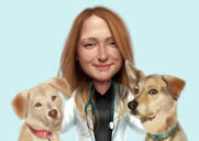 Vrouw met huisdieren overdreven karikatuur in digitale kleurstijl met aangepaste achtergrond