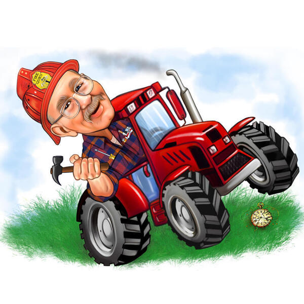 Man in Tractor Caricature in Funny Exaggerated Style