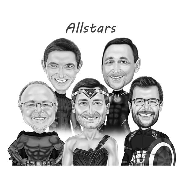 Caricatura de un grupo de superhéroes masculinos a partir de fotos