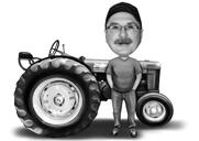 Karikatura muže s traktorem v černé a bílé