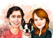 Grafický ručně kreslený akvarel pár s obrázkem domácího mazlíčka s vlastními přirozenými barvami