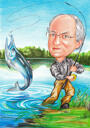 Caricatura del nonno pescatore con sfondo