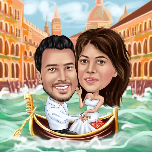 Caricatura della proposta: fidanzamento di coppia a Venezia