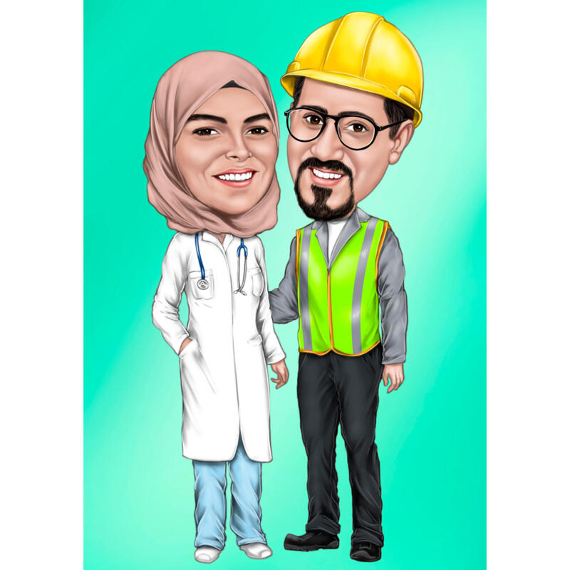 Couple Caricature of Construction Worker and Doctor from Photos with One  Color Background
