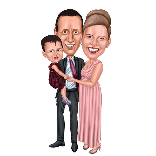 Full Body familie karikatuur portret op witte achtergrond