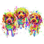 Caricatura de retrato de grupo de tres perros en acuarelas de arco iris, tipo de cuerpo completo