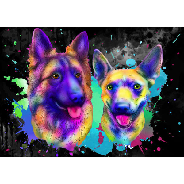 Pari koiraa karikatyyri muotokuva akvarellityyliin mustalla taustalla
