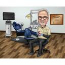 Caricatura de dentista sentado na cadeira com fundo de escritório