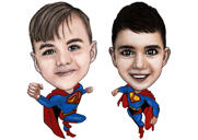 Desenho de caricatura de super-herói de duas crianças