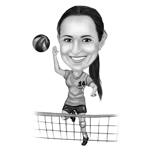 Карикатура на волейболиста из фотографий, нарисованных от руки в черно-белом стиле