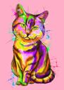 Akvarell kattflicka tecknad porträtt från foto i helkroppstyp med färgad bakgrund