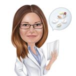 Caricature de pharmacien avec bulle de pensée