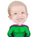 Caricatura del bambino del supereroe in stile colorato con sfondo colorato