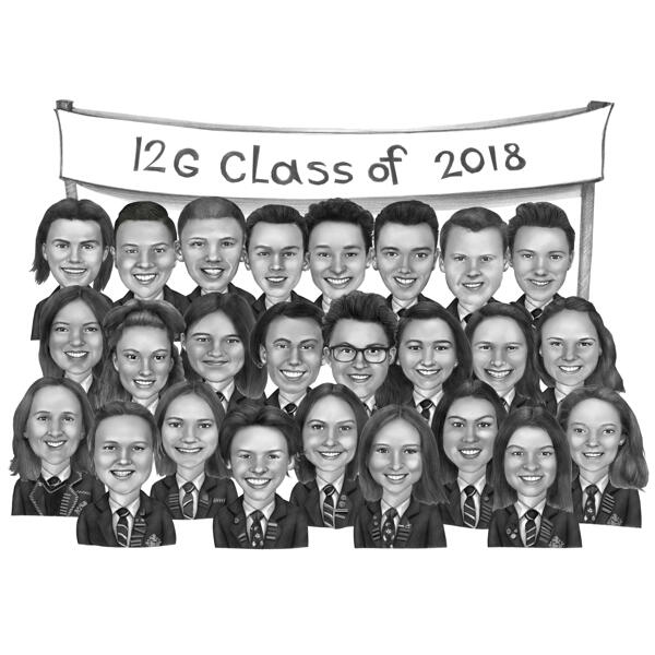 Caricature de groupe en noir et blanc d'une classe d'école