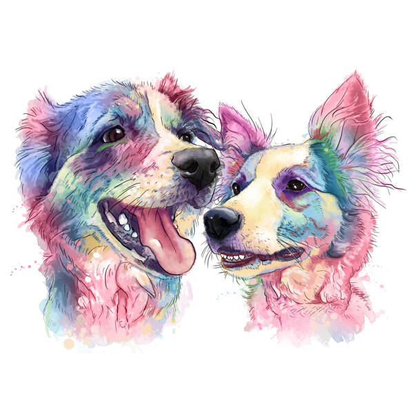 Baş ve Omuzlarda İki Köpek Fotoğraflardan Pastel Suluboya Portre Resim Stili