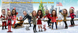 Gruppo di personale aziendale con carte digitali di caricatura dell'albero di Natale in stile a colori dalle foto