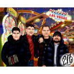 Grup Arkadaşları, Las Vegas Arka Planlı Fotoğraflardan Renkli Stilde Karikatür Çizimi