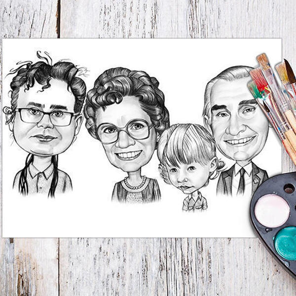 Plakatile kohandatud kingitusena trükitud fotodelt must-valges perekonnas koomiksportree