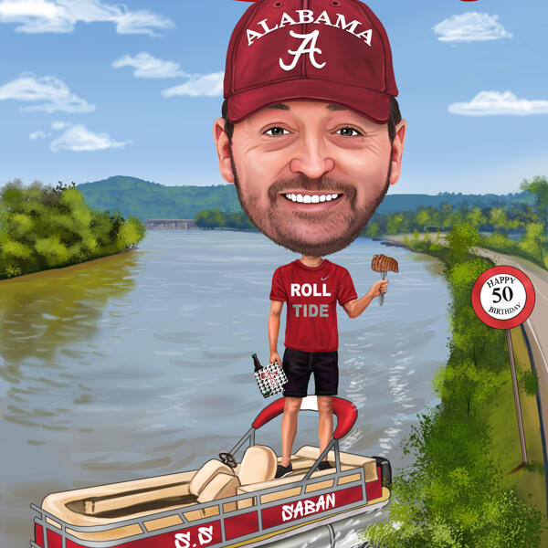 Muž na lodi v řece - karikatura na zakázku