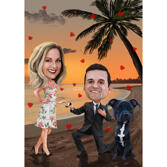 Couple with Dog Engagement Cartoon Portrait from Photos with Custom Background