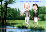 Caricatură de cuplu complet care joacă golf